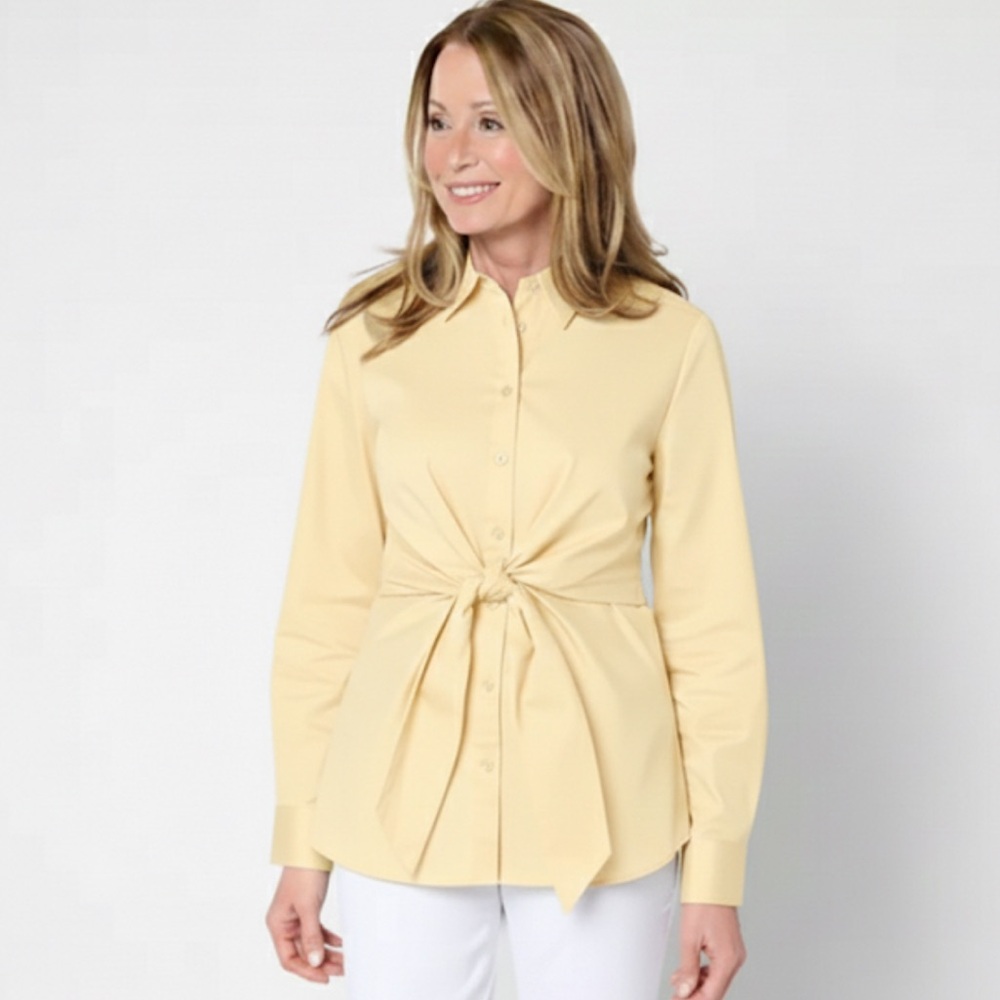 Finley Tie Waist Button Down Cotton Poplin Blouse Top Size Small